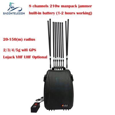 5G Wifi Lojack 150m Manpack Jammer de sinal de telemóvel 8 canais 230w Alta potência