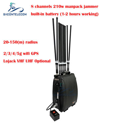 5G Wifi Lojack 150m Manpack Jammer de sinal de telemóvel 8 canais 230w Alta potência