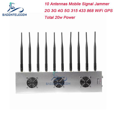 10 Canais 24 Horas de Trabalho 3 Ventiladores de Refrigeração Bloqueador de Sinal Sem Fio para 5G GPS WiFi VHF UHF